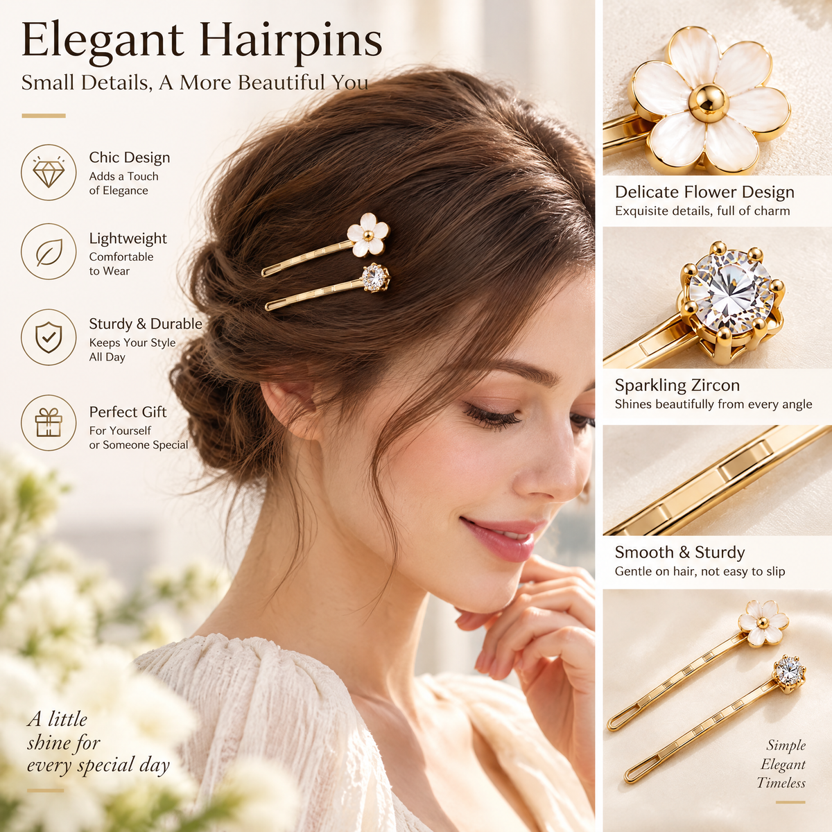 Xelqoriv™ 2-Piece Gold Floral Blossom &amp; Solitaire Crystal Bobby Pin Set