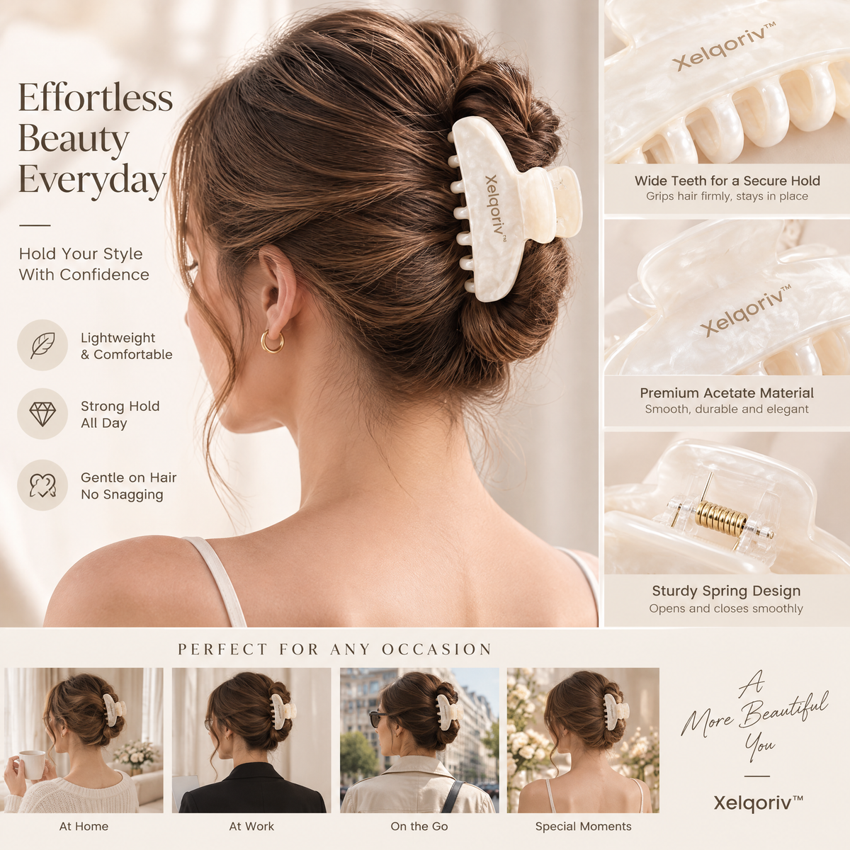 Xelqoriv™ Pearlescent Ivory Hair Claw Clip – Elegant French Style Non-Slip Jaw Clip for Women, Strong Hold Hair Accessory for Thick &amp; Medium Hair