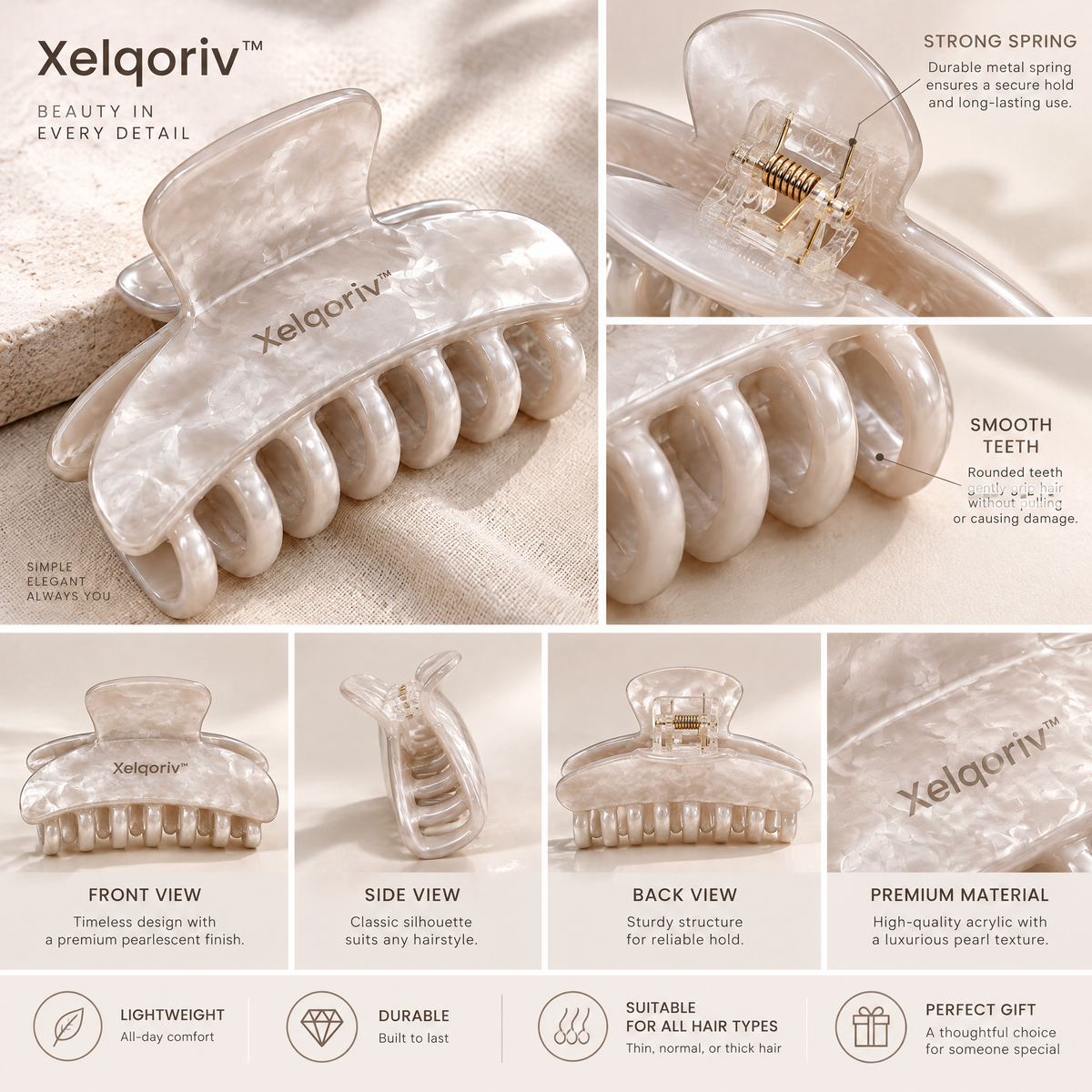Xelqoriv™ Pearlescent Cream Large Hair Claw Clip, French Acetate Non-Slip Hair Clamp for Women (Thick &amp; Thin Hair)