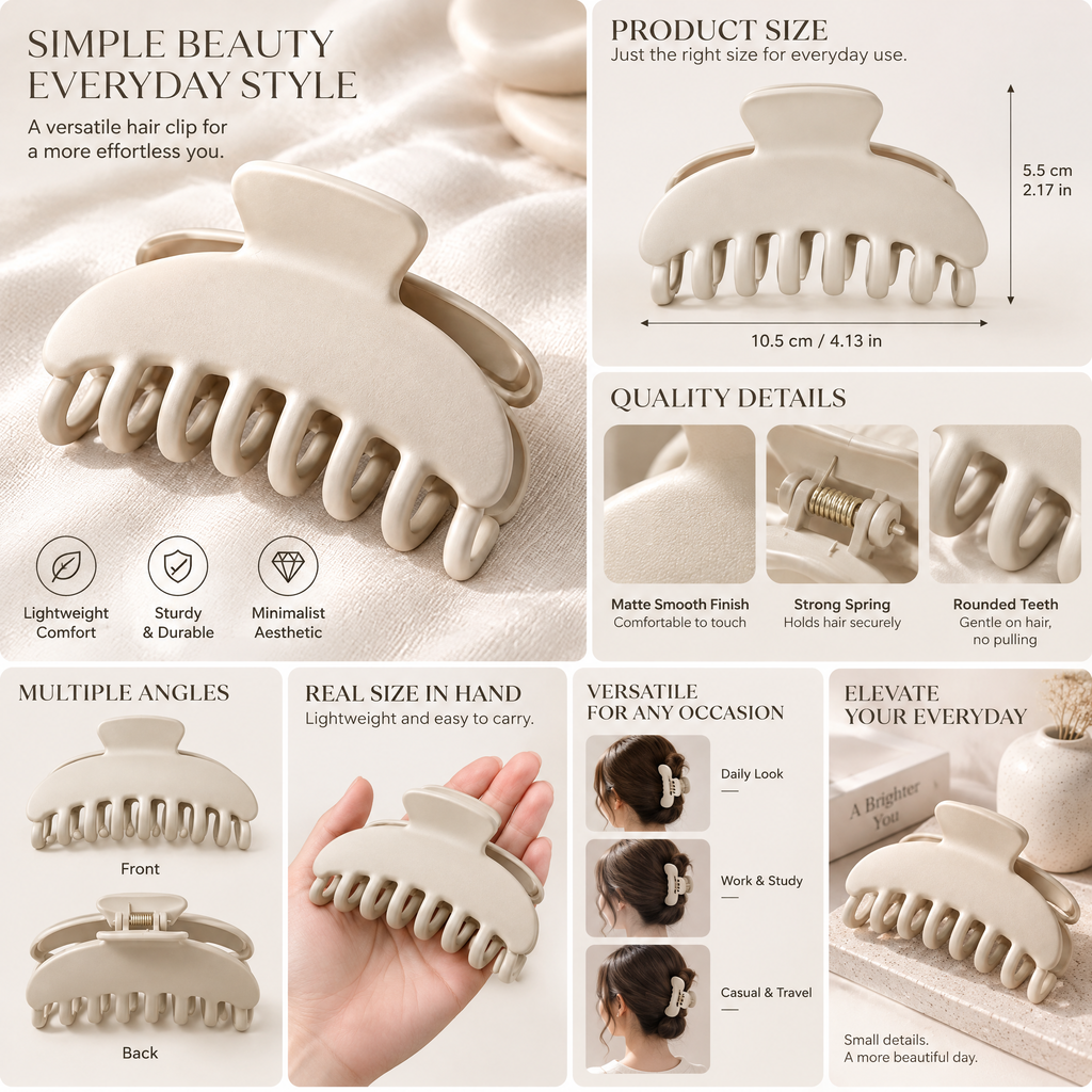 Xelqoriv™ Matte Crescent Hair Claw Clip – Aesthetic Neutral Beige Non-Slip Jaw Clip for Medium to Thick Hair