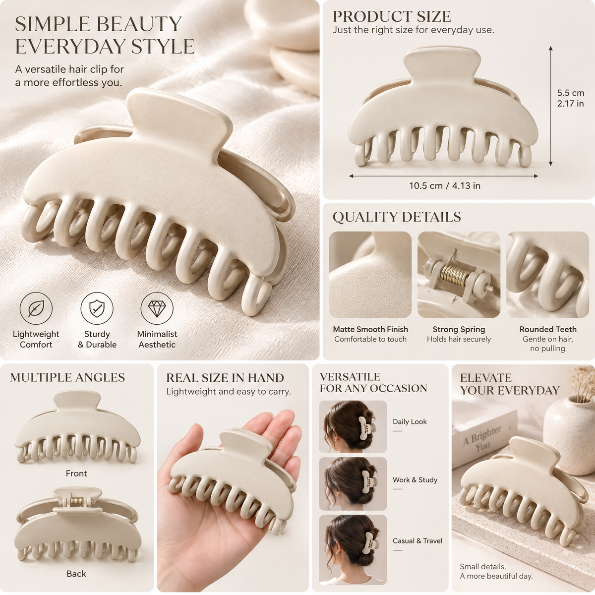 Xelqoriv™ Matte Crescent Hair Claw Clip – Aesthetic Neutral Beige Non-Slip Jaw Clip for Medium to Thick Hair