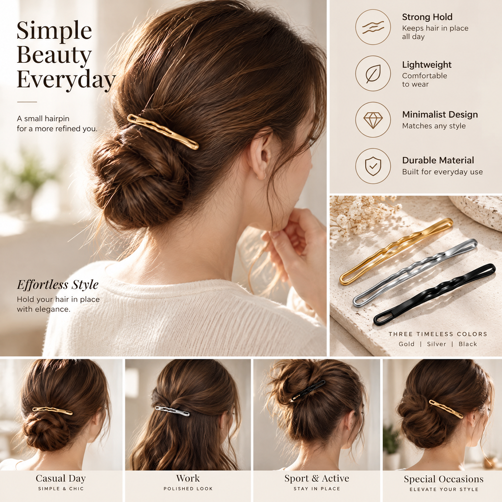 Xelqoriv™ 3-Piece Minimalist Matte Metal Bobby Pins – Non-Slip Wave Contoured Hair Styling Pins for Women &amp; Girls (Gold, Silver, Black)