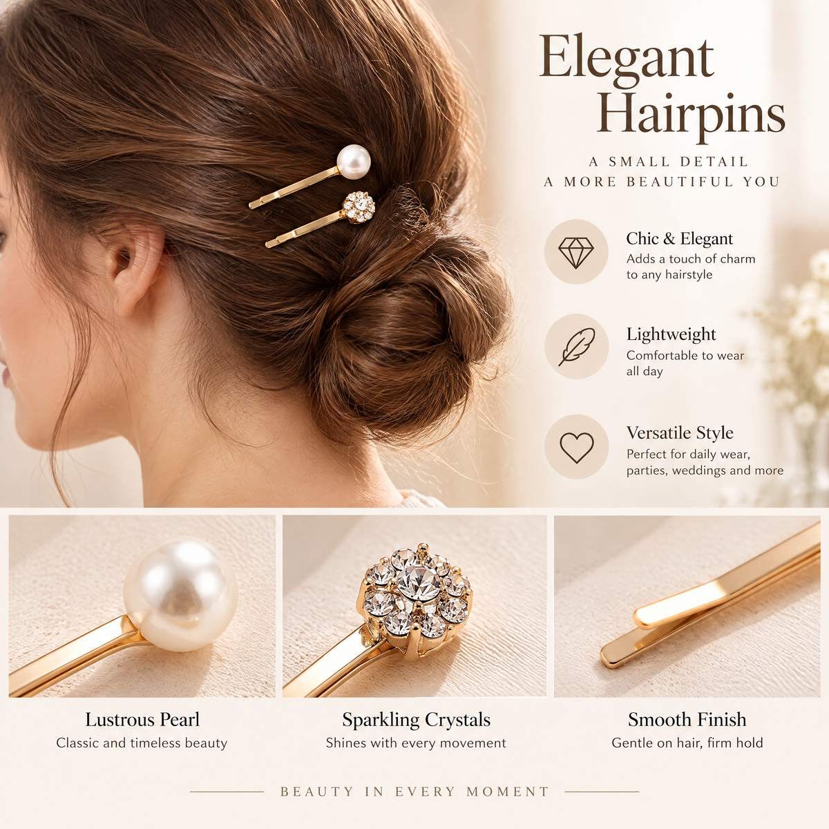 Xelqoriv™ 2-Piece Gold Bobby Pin Set with Faux Pearl &amp; Sparkling Crystal Flower Accents