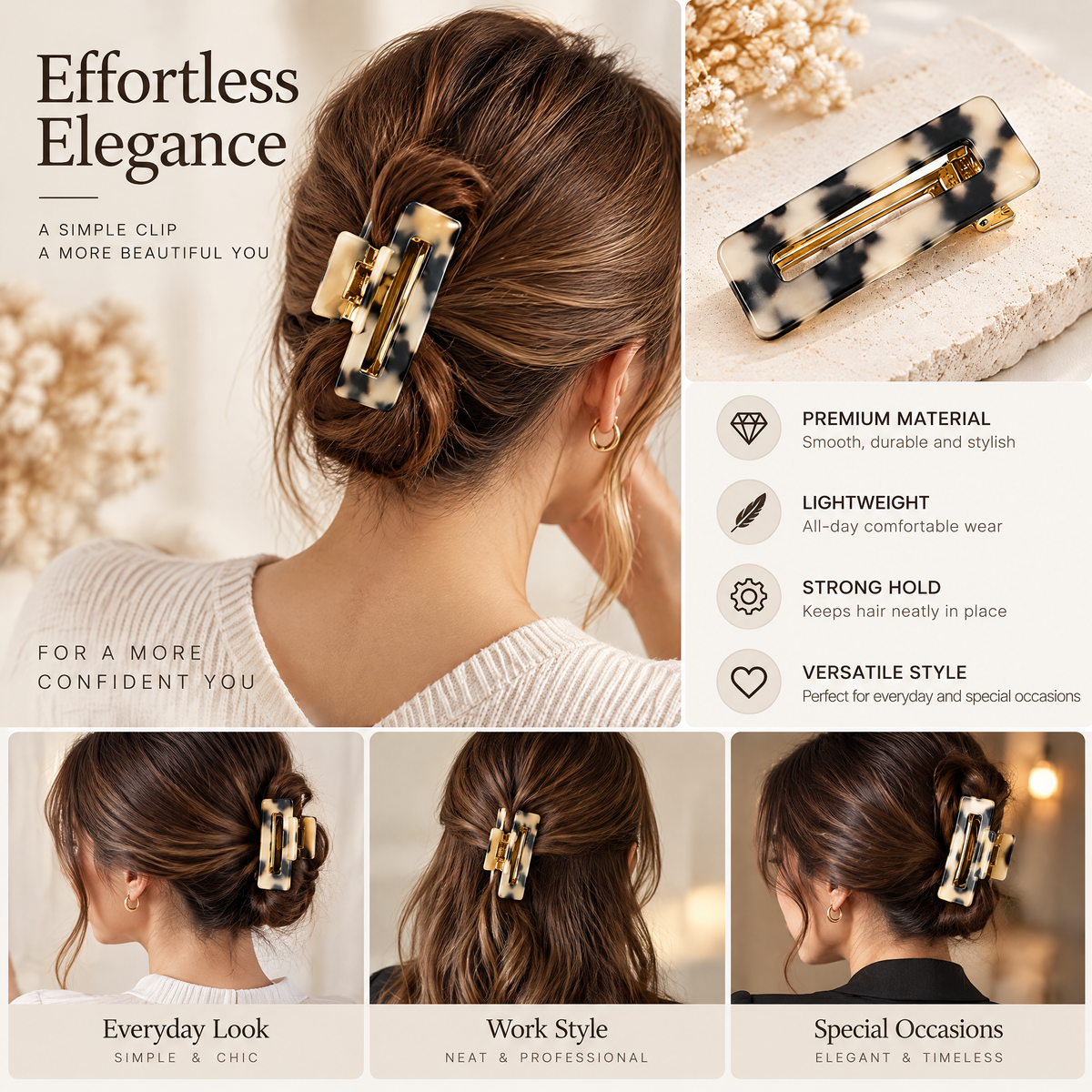 Xelqoriv™ Vintage Tortoise Shell Hair Clip – Minimalist Hollow Rectangle Acetate Barrette with Gold-Tone Alligator Clasp for Women