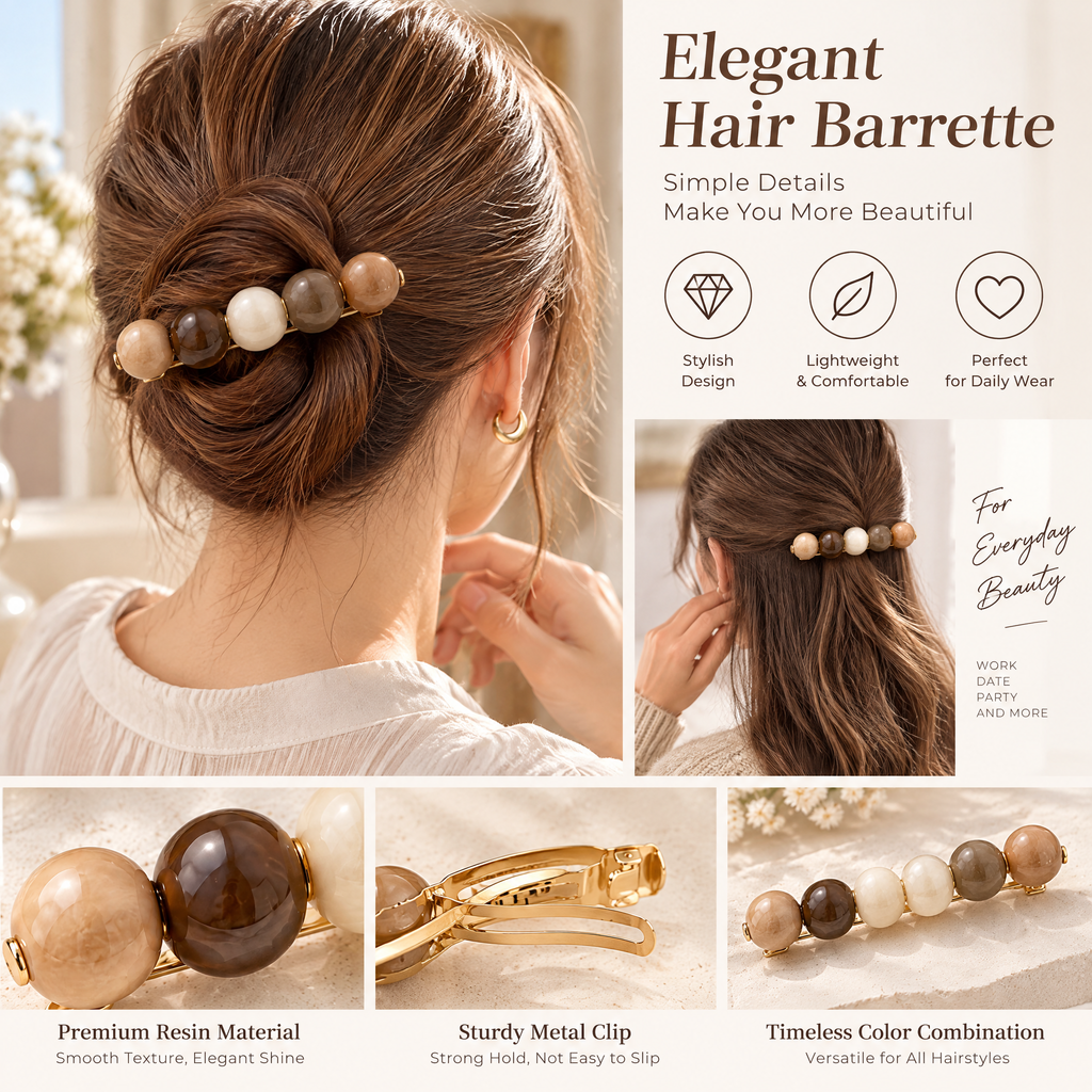 Xelqoriv™ French Chic Marble Resin Bead Hair Barrette – Elegant Earth-Tone Statement Hair Clip for Women