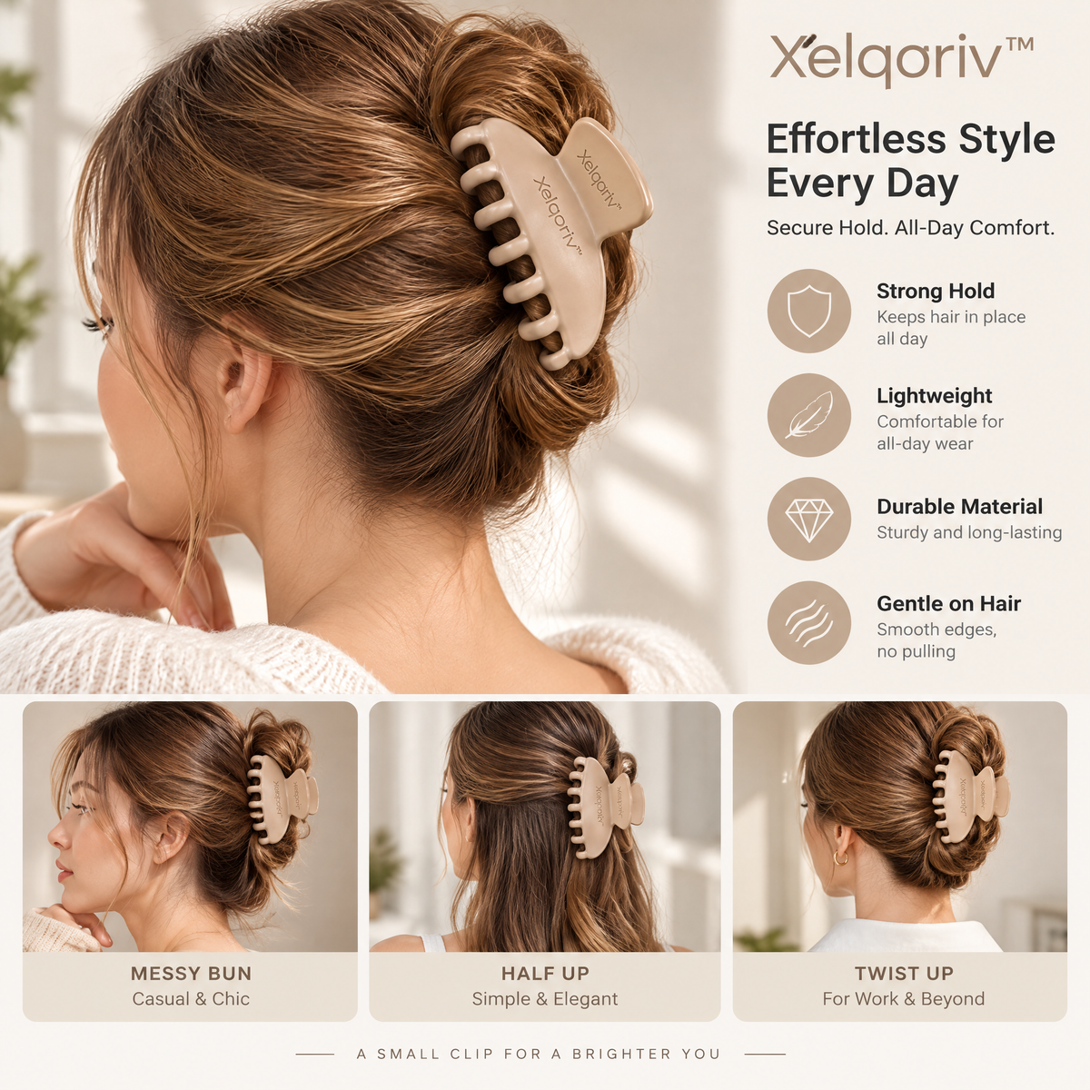 Xelqoriv™ Matte Large Hair Claw Clip – Non-Slip French Design Neutral Jaw Clip for Women &amp; Girls (Warm Beige)