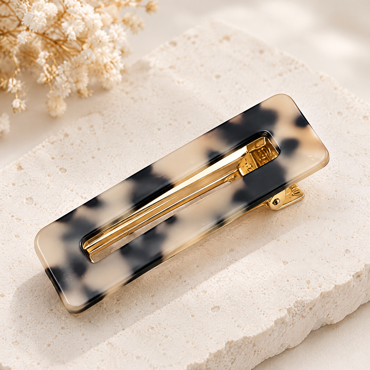 Xelqoriv™ Vintage Tortoise Shell Hair Clip – Minimalist Hollow Rectangle Acetate Barrette with Gold-Tone Alligator Clasp for Women